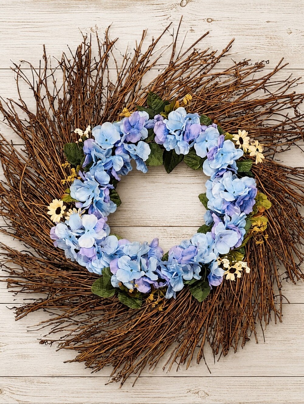 Handmade Summer Blue Hydrangea Grapevine Wreath Rustic Farmhouse Door Decor